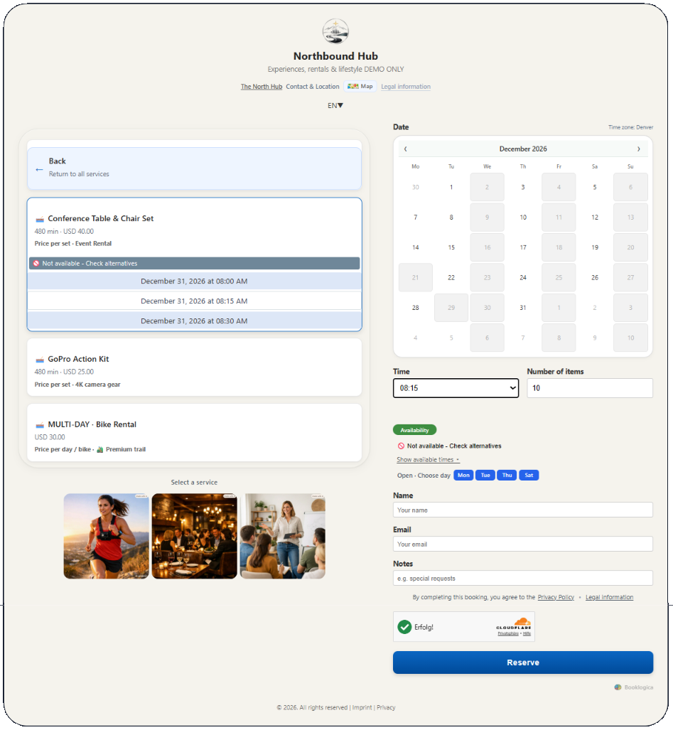 Booklogica booking page showing services and availability